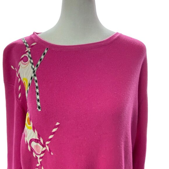 KOOS Of Course Women Ramie Silk Sweater Geometric Applique Sz M Pink 79-44 - Picture 4 of 11